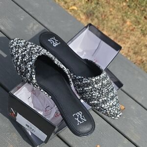 Black, White, Blue Tweed Mules